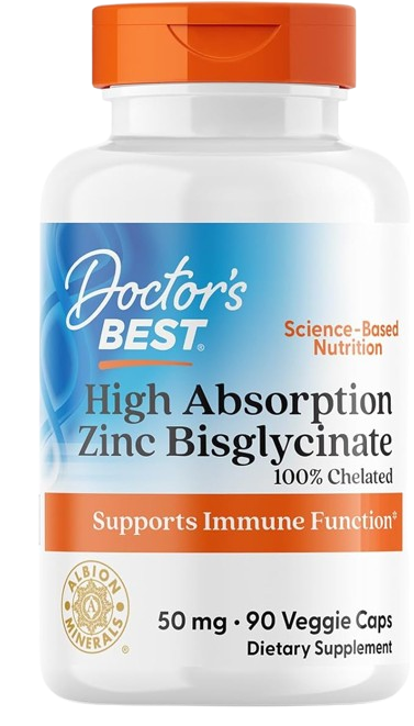 Doctor's Best High Absorption Zinc Bisglycinate, 100% Chelated, 50 mg (90 Veggie Caps)